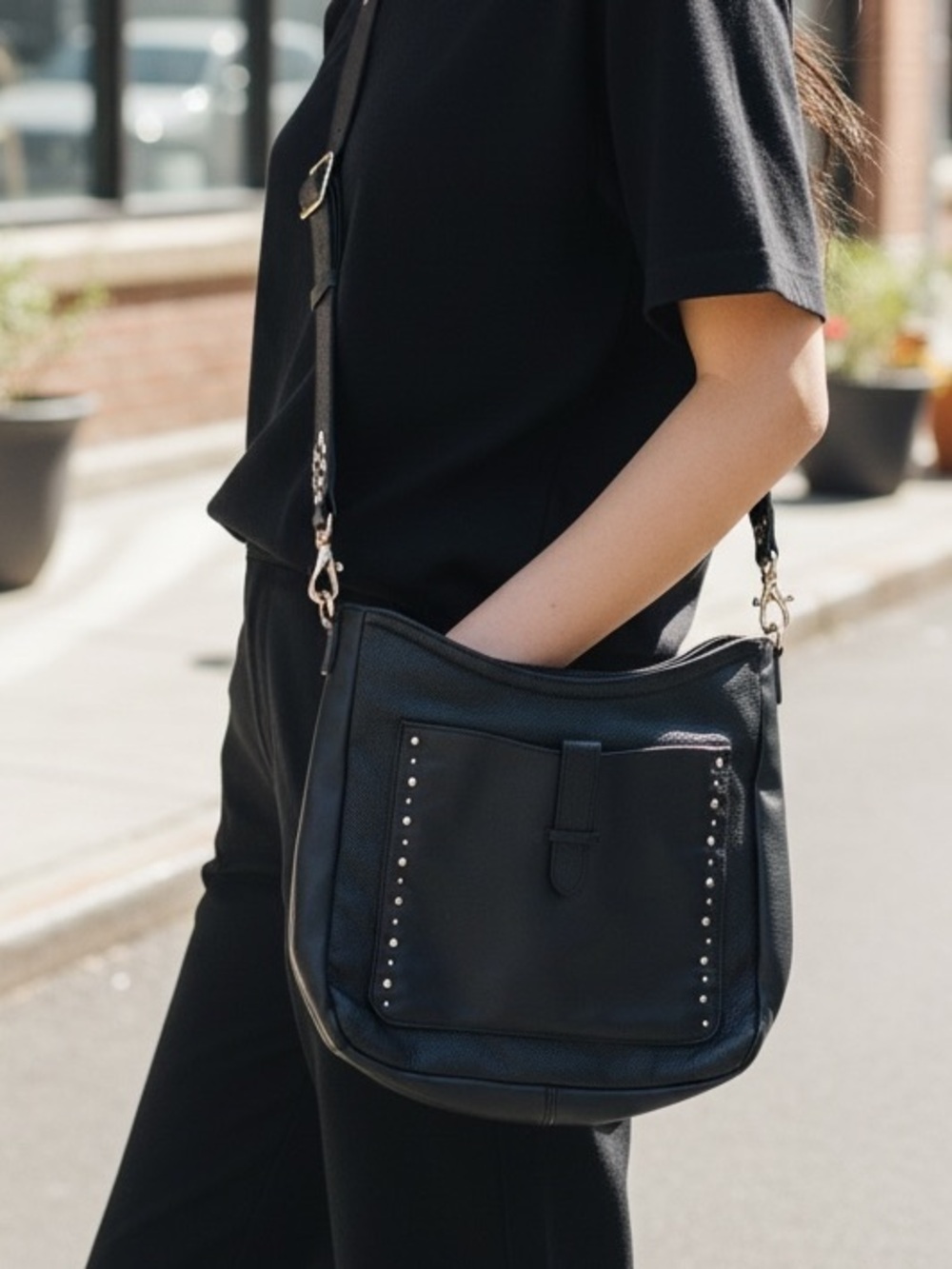 libby. edelman Black Leather Studded Crossbody Hobo